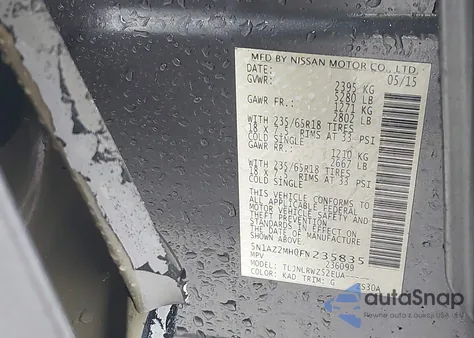 2015 Nissan Murano Sl из США, поврежденный, VIN 5N1AZ2MH0FN235835